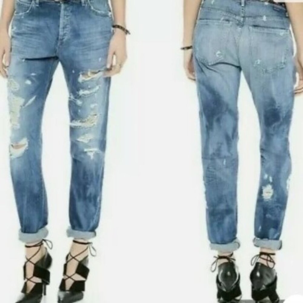 Goldsign Distressed Straight Leg Jeans in Medium Blue